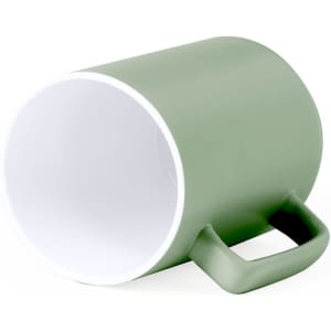 A green coffee mug with a white interior and a sturdy handle, featuring a logo on the exterior.