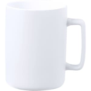 A white coffee mug with a large handle and a smooth surface, featuring a logo.