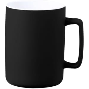 A black coffee mug with a matte finish and a white interior, featuring a sturdy handle and a branding logo.