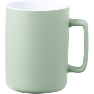 A green ceramic coffee mug with a smooth finish and a sturdy handle, featuring an interior in a contrasting colour.
