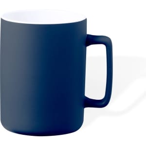 A coffee mug in navy blue with a smooth matte finish and a contrasting white interior. Features a handle and branding.