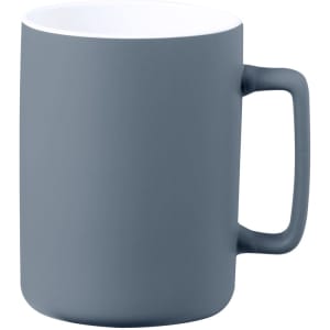 A coffee mug in matte grey with a smooth finish and a comfortable handle. Features a white interior and a logo.