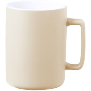 A beige coffee mug with a white interior and a sturdy handle, featuring a simple design and a logo.