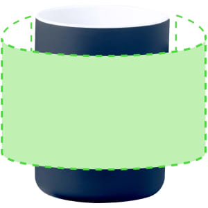 A coffee mug in navy blue with a white interior and a branding logo.