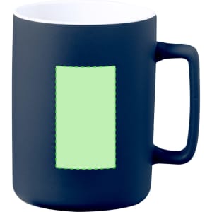 A navy blue coffee mug with a textured grip and a blank rectangular area for customisation.