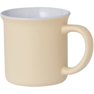 A pale yellow coffee mug with a white interior and a simple handle, featuring a logo.