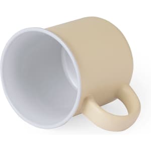 A coffee mug in a light beige exterior with a white interior, featuring a handle and a smooth finish.