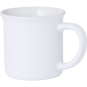 A white coffee mug with a sturdy handle and a smooth finish. It features a simple design and has a logo.