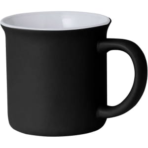 A black coffee mug with a smooth exterior and a white interior, featuring a rounded handle and a simple design.