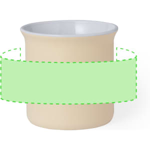 A beige coffee mug with a smooth finish and a contrasting white interior. It features a logo.