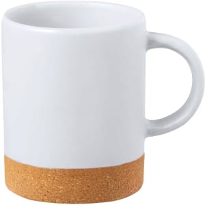 A white coffee mug with a cork bottom and a sturdy handle, featuring a simple and modern design.