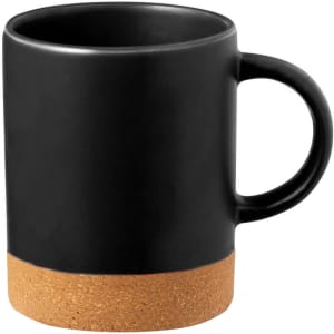 A black coffee mug with a cork bottom, featuring a simple design and a sturdy handle.