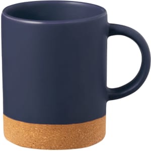A coffee mug in navy blue with a cork base, featuring a curved handle and a smooth finish.
