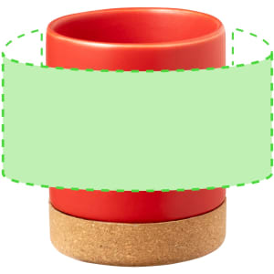 A red mug with a cork base, featuring a smooth finish and a simple design. It includes a logo on the surface.