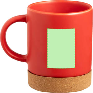 A red coffee mug with a cork base and a blank section for customisation.