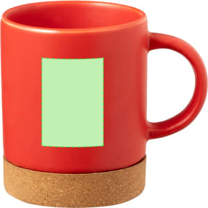 A red coffee mug with a cork base and a blank area for customisation.