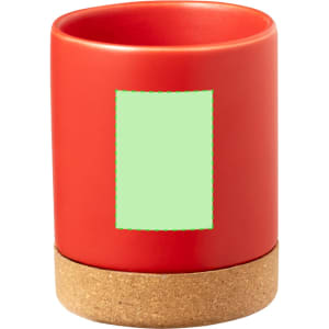 A red ceramic mug with a cork base, featuring a blank area for customisation.