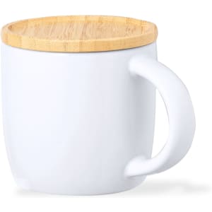 A white coffee mug with a bamboo lid and a comfortable handle. It features a branding logo.