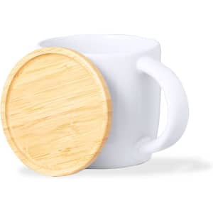 A white ceramic mug with a bamboo lid, featuring a handle and smooth finish.