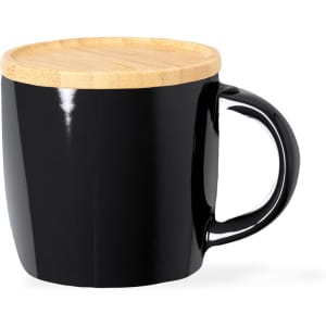 A black coffee mug with a wooden lid, featuring a curved handle and a glossy finish. It has a logo on the side.