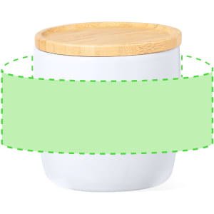 A ceramic mug with a white body and a bamboo lid features a simple design and a branding logo.