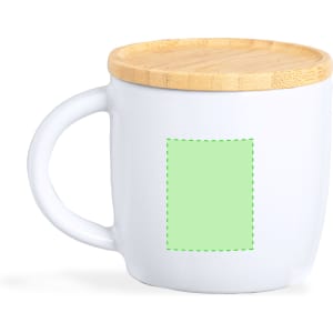 A white coffee mug with a bamboo lid and a green placeholder for custom designs.
