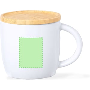 A coffee mug with a white ceramic body and a bamboo lid, featuring a blank green rectangle.