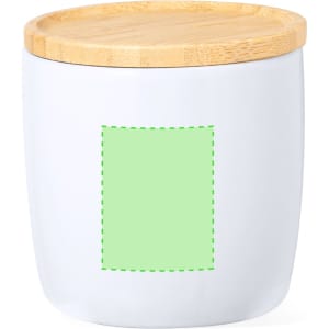 A white ceramic mug with a bamboo lid, featuring an unmarked green area for customisation.