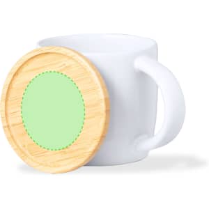 A white ceramic mug featuring a bamboo lid. The lid has a circular green area, ideal for branding.
