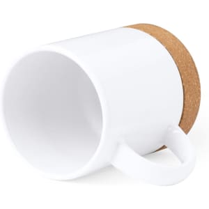 A white coffee mug with a cork bottom and a handle, featuring a logo.