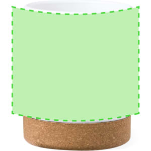 A coffee mug featuring a white ceramic body with a cork base and a green decorative area.