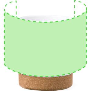 A coffee mug with a white interior and a cork base, featuring a green design area and a logo.