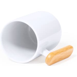 A coffee mug in white ceramic with a natural wood handle, featuring a simple, modern design and a logo.