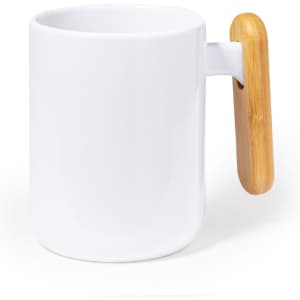 A white coffee mug with a bamboo handle, featuring a simple design and smooth finish.