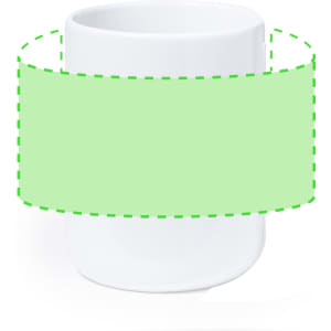 A white coffee mug with a green band wrapped around it, featuring a logo.