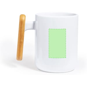 A coffee mug in white with a wooden handle, featuring a blank green area for customisation.