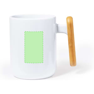 A white coffee mug with a bamboo handle and a blank green area for custom designs.
