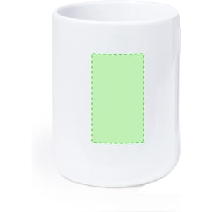 A white coffee mug with a green dashed outline area for custom designs or logos.