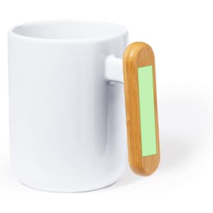A white coffee mug with a bamboo handle and a green accent. Features a logo on the handle.