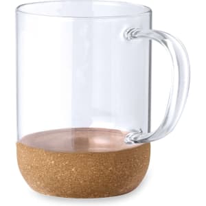 A clear glass mug with a cork base, featuring an elegant design suitable for hot beverages.