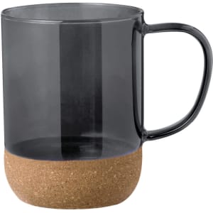 A coffee mug featuring a transparent grey upper section and a cork base. It has a handle and a sleek design.