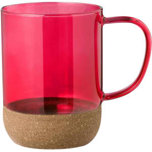 A coffee mug with a transparent red upper and a cork base. It features a clear handle and a modern design.