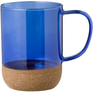 A coffee mug with a clear blue glass body and a cork base, featuring a handle. It has a simple logo.