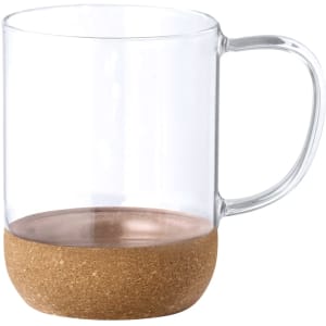 A clear glass mug with a cork base, featuring a handle and a sleek design.