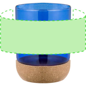 A blue glass mug with a cork base and a blank space for branding.
