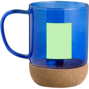 A blue transparent mug with a cork base and a blank area for customisation.