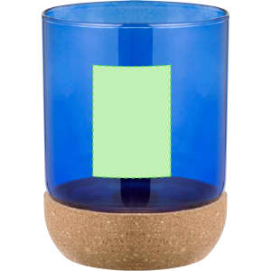 A drinkware item featuring a blue glass mug with a cork base and a space for custom branding.