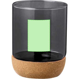 A drink cup featuring a transparent black upper section and a light brown cork base. It has a logo on the front.
