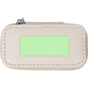 A beige toiletry bag featuring a zip closure and a blank green patch. It has a simple, sleek design.