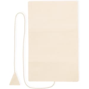 A beige toiletry bag with a triangular tag and a cord attached. The bag is flat and unadorned.